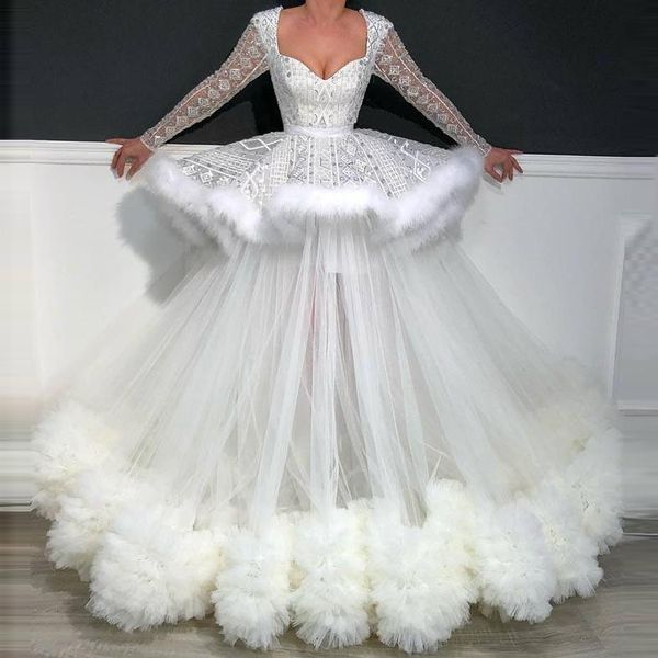 

party dresses tulle sequin fur wedding dress sweetheart long sleeve lace ball gown ruffle layered evening for bridal feather, White;black