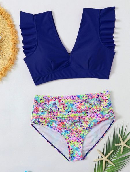 

plus ditsy floral ruffle trim bikini swimsuit 25gl#, Black