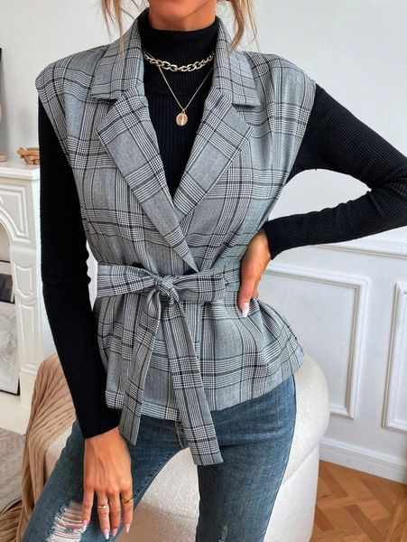 

plaid double button belted vest blazer j8ir#, White;black