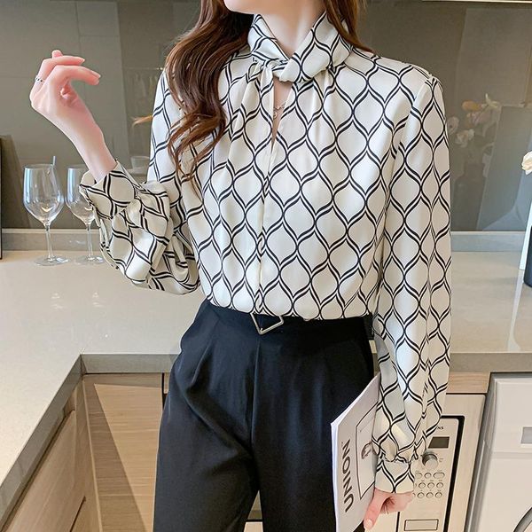 

women's blouses & shirts coigarsam blouse women spring autumn 2021 casual full sleeve geometric bow meters apricot blusas womens and, White