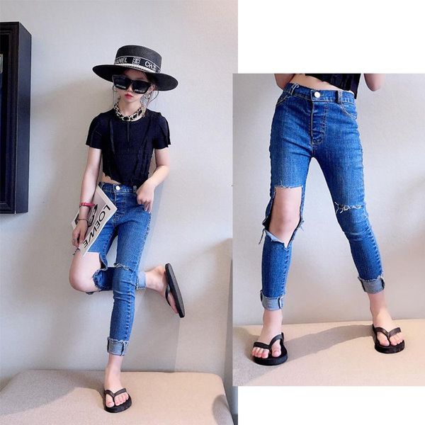 

jeans pencil pants teenage girls fall clothes skinny distressed hollow out ripped holes denim trousers capris streetwear 4 to 14 yrs, Blue