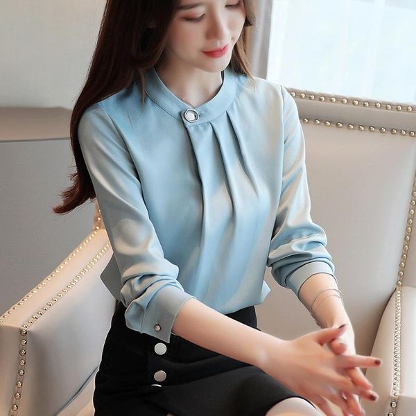 

women's blouses & shirts fashion 2021 spring summer blouse long sleeve for women leisure chiffon shirt bow office ladies pink white