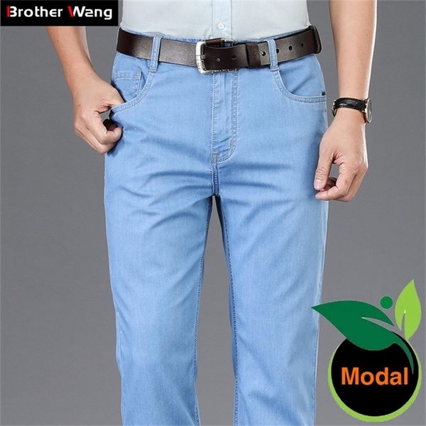 

summer men's light blue thin jeans modal fabric business casual stretch jean trousers male brand pants dark grey 210318