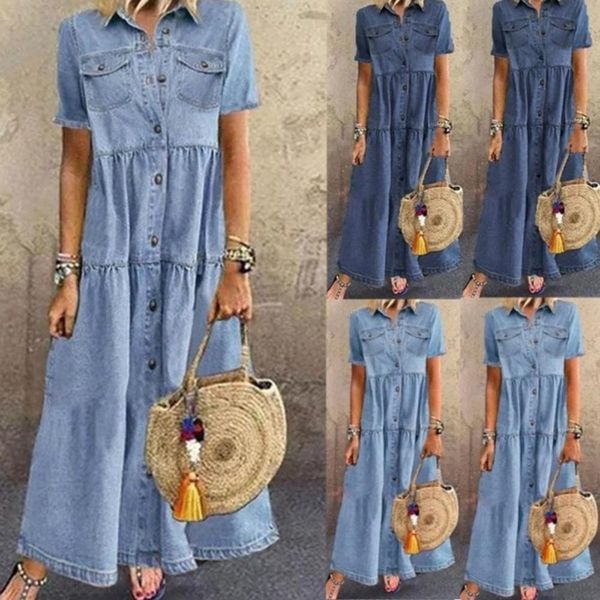 Kadın Yaz Sonbahar Denim Uzun Elbiseler Retro Düğme Cepler Kot Maxi Elbise Bayanlar Casual Vestidos X0521