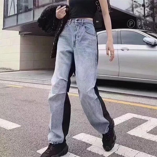 

women's jeans [ewq] 2021 patchwork loose long pants women straight high waist zipper button denim ladies casual spring qz965, Blue