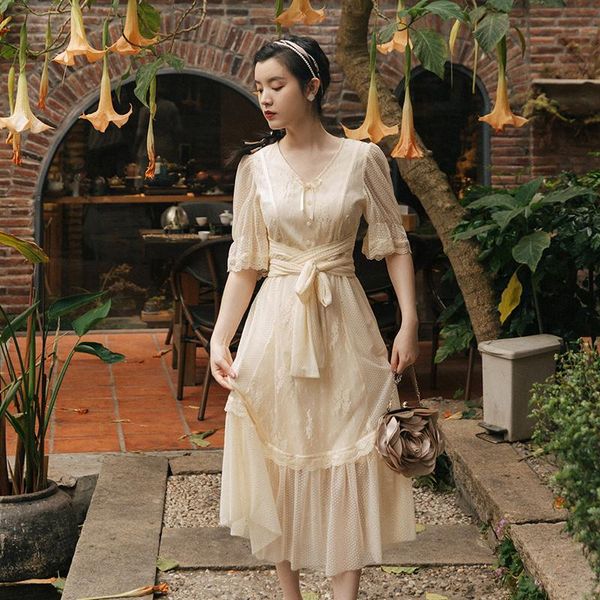 

party dresses mori girl cottage core style lace mesh fairy dress summer women vintage petal sleeve v-neck soft lady midi vestido festa, White;black