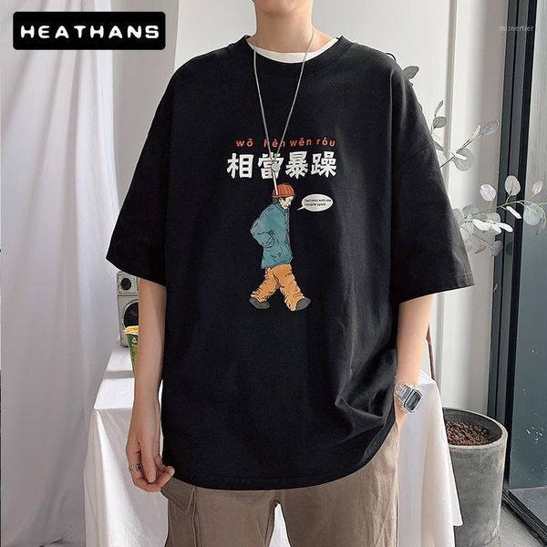 

mens o-neck short-sleeved t-shirt men's summer cartoon printing oversize t shirts loose handsome casual fun creative men clothes t-shir, White;black