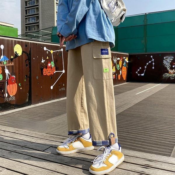 

men's pants cargo men korean style wide leg for 2021spring and fall trousers fashion streetwear pockets cotton, Black