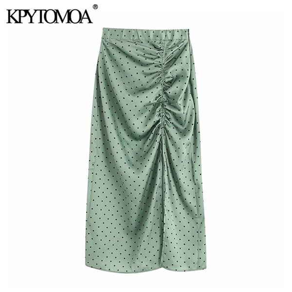 

vintage elegant polka dot pleated midi skirt women fashion elastic waist side zipper slit female skirts chic faldas mujer 210730, Black