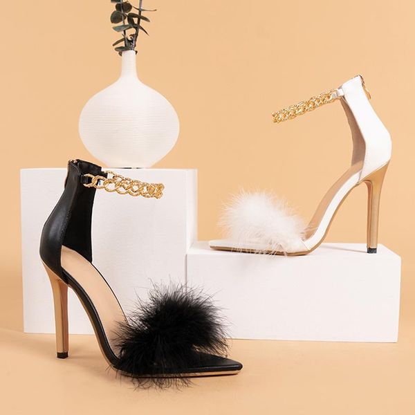 

dress shoes 2021 summer designer women luxury black 11.5cm high heels party lady feather pointed toe metal chain thin size 35-42