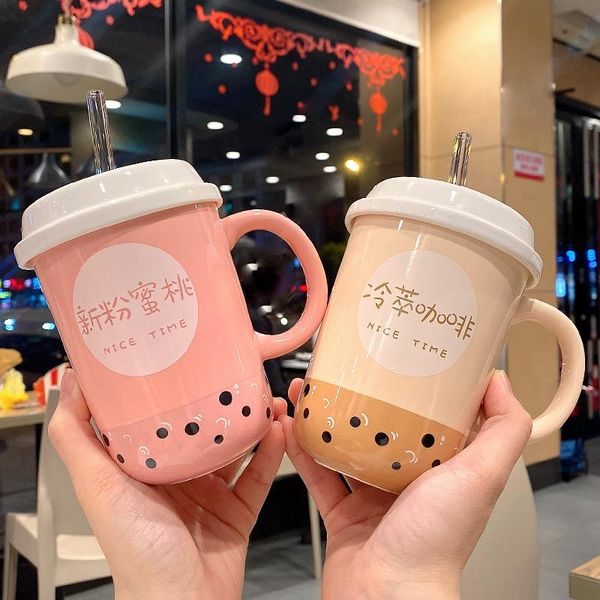 

mugs kawaii bubble tea ceramic 350ml cute boba coffee cup with lid glass straw creative home juice milk water girl gift