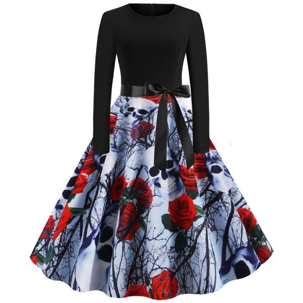 

casual dresses vintage women halloween long sleeve o-neck big swing party printed bow robe vestidos 2bc7, Black;gray