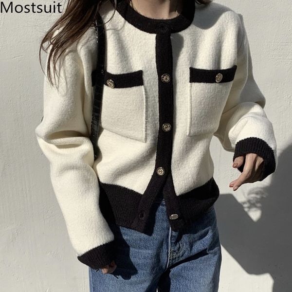 

vintage elegant knitted cardigan coat women single breasted long sleeve o-neck pockets korean fashion ladies sweater 210514, White;black