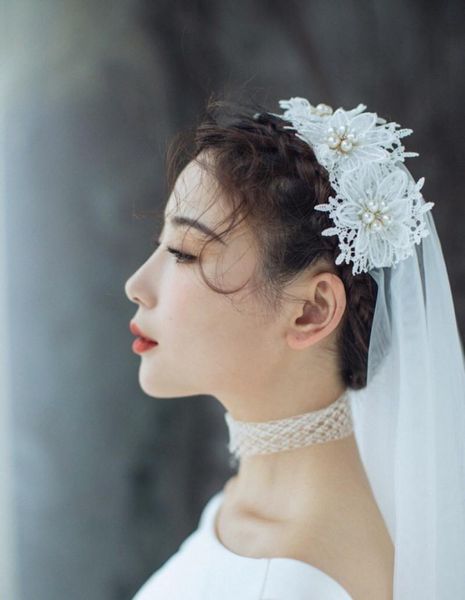 

bridal veils vintage lace appliques women wedding veil tulle beaded with 3d flowers headpieces, Black