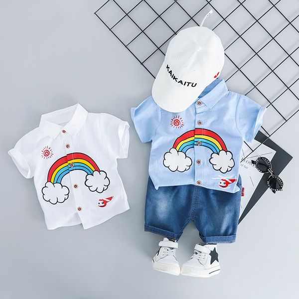 

summer baby boys clothing sets toddler infant clothes rainbow lapel shirt shorts kids children casual, White