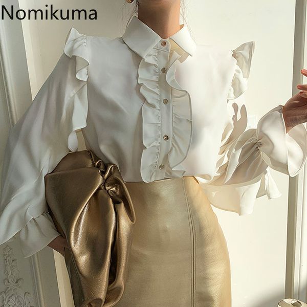 

nomikuma korea chic spring women blouse korean ruffle patchwork elegant shirt causal flare sleeve turn-down collar blusas 6e487 210427, White