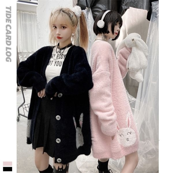 

2021 tech fleeceautumn and winter new mohair loose cardigan coat schoolgirl girlfriends cute rabbit jacquard sweater_yw_rw, White;black