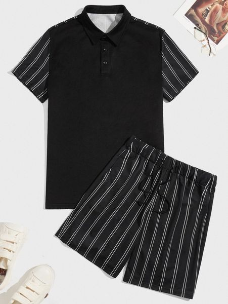 

men contrast striped sleeve polo shirt & drawstring waist shorts l93z#, Gray