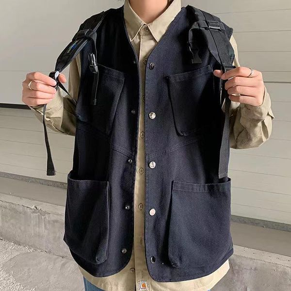 

men's vests 2021 korean men cargo vest fashion tooling hip hop sleeveless jacket loose casual multi-pocket outdoors spring, Black;white