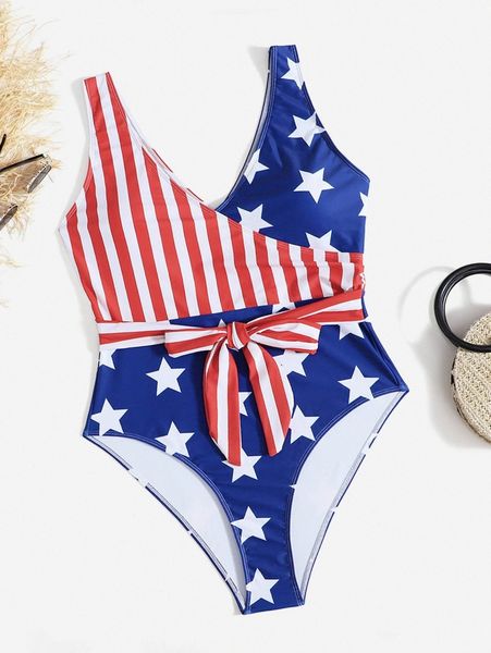 

plus american flag print knot front one piece swimsuit u0si#, Black