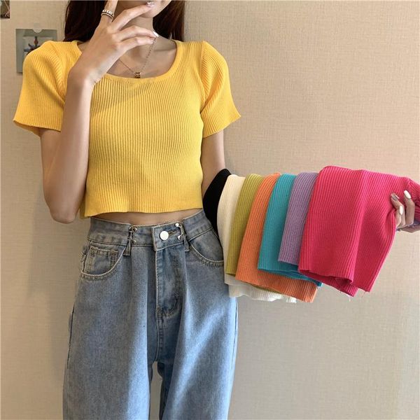 

women's t-shirt square collar knit short sleeve t shirt summer pure color slim crop dew clavicle fashion women clothing wholesale, White