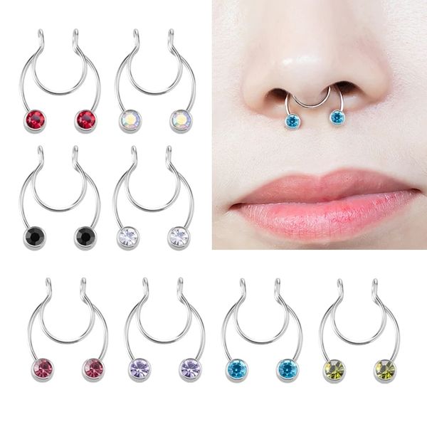 

zircon fake nose ring clip stainless steel nasal septum piercing horseshoe colorful body jewelry for women non-pierced, Silver