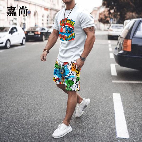 

men's tracksuits summer 2021 short sleeve shorts casual t-shirt youth suit fashion printed color, Gray