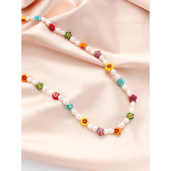 

chokers 2021 boho retro choker necklace glass bead small flower metal freshwater pearl clavicle for women jewelry, Golden;silver