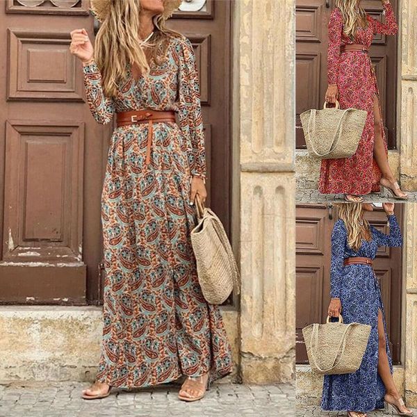 

casual dresses women boho long dress autumn elegant paisley print sleeve maxi v neck bandage belt ladies vestidos, Black;gray