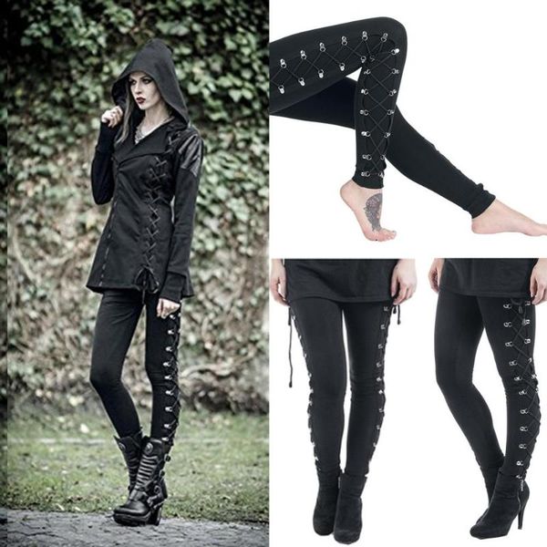 

women fashion gothic lady side lace up leggings black skinny pans trousers 2021 spring summer women's pants & capris, Black;white