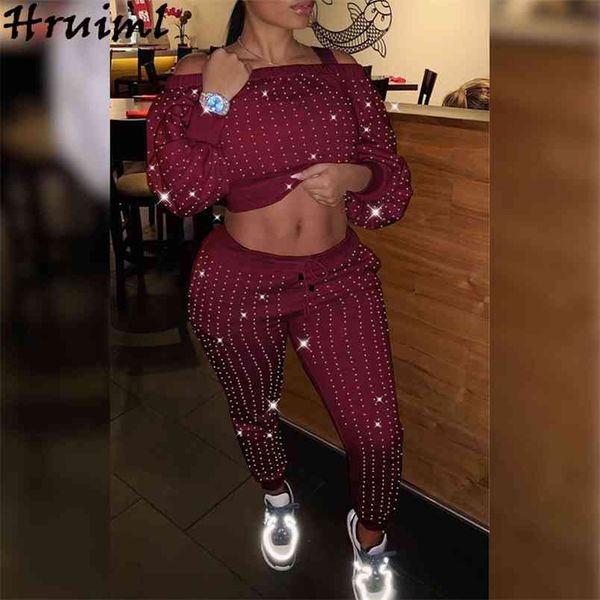 

two piece set outfits for women fashion diamond long sleeve sling crop strappy pants sets tracksuit solid autumn club 210513, White