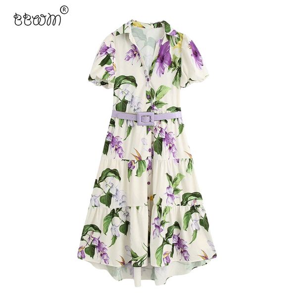 

women elegant fashion with belt floral print long dress vintage short sleeve buttons shirt dresses female chic vestidos 210520, Black;gray