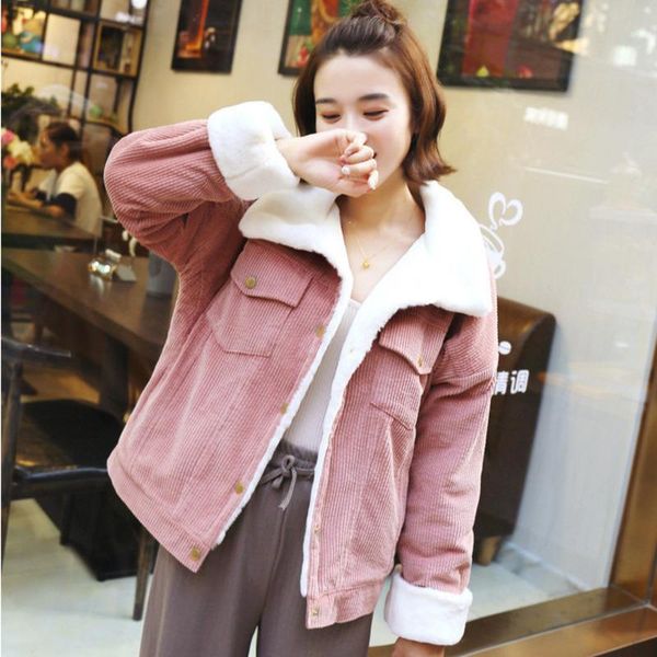 

women's jackets autumn winter candy color corduroy jacket women lambs wool buttons baseball coat ladies warm thick fleece shorts coats, Black;brown