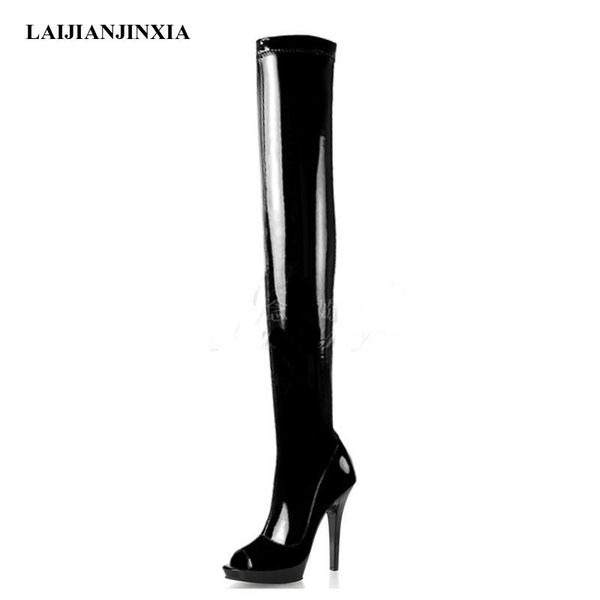 

boots fetish high thin heel platform baking paint peep toe leather 6 inch over the knee for women stripper pole dance shoes, Black