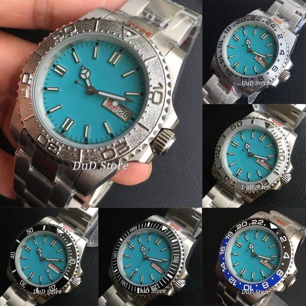 

wristwatches 40mm japan nh36a watch sterile luminous blue dial sapphire crystal date week stainless strap fashion mens, Slivery;brown