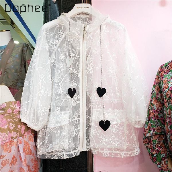 

women's jackets 2021 summer versatile fashion tide lace mesh thin embroidery sun protection coat for women, Black;brown