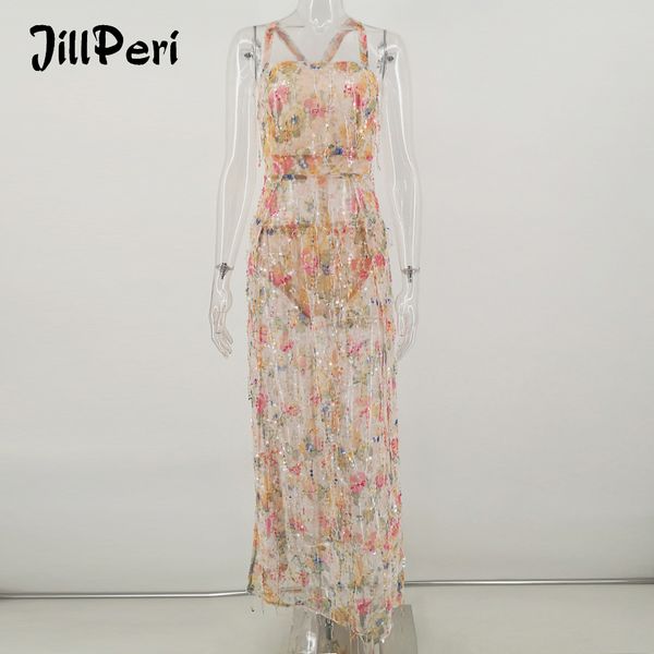 

jillperi women slash ne sequin tassel 2 piece dress leg open see though floral summer outfit ladies chic long party dress, Black;white