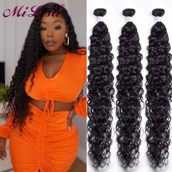 

human hair bulks water wave bundles 30 inch brazilian weaving 3/4 deal natural raw virgin long extensions, Black