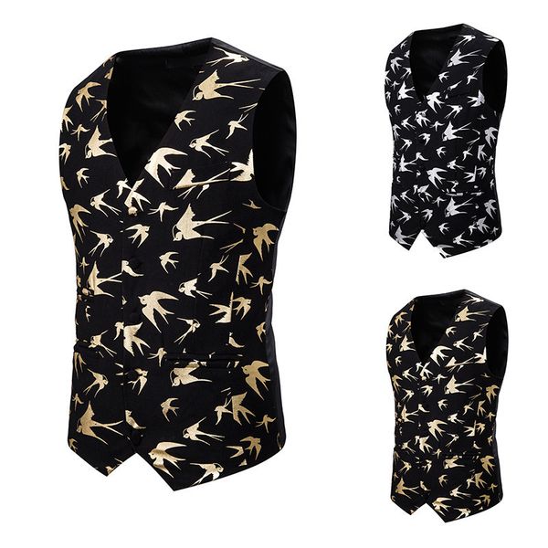 

fashion vest 2021 men's waistcoat slim bird gilded printed, Black;white
