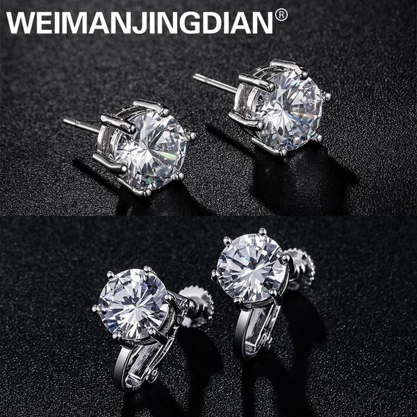 

clip-on & screw back weimanjingdian arrival sparking 8mm round cut cubic zirconia cz clip earrings for women, Silver
