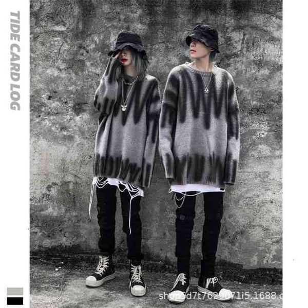 

2021 tech fleeceautumn and winter loose art spray lazy dark wind street high street men's and women's knitted bottomed round neck, White;black