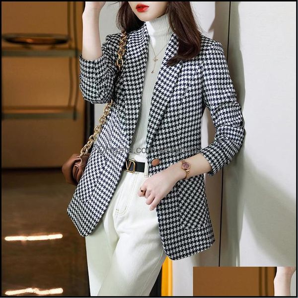 Abiti da donna Blazer Abbigliamento Abbigliamento Plaid Nero Bianco Giacca basic Coreano Elegante Ufficio Costumi da lavoro Consegna di goccia 2021 Lbhqb