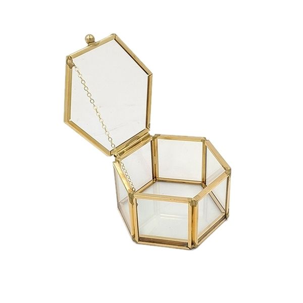 Шестиугольник прозрачный стеклянный кольцевой коробку свадьбы геометрические четкие ювелирные изделия органайзер держатель столешницы сдерживают 210922