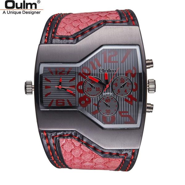 

wristwatches oulm 1220 dragon pattern luxury watches men two time zone unique design quartz watch clock casual leather sport wristwatch, Slivery;brown