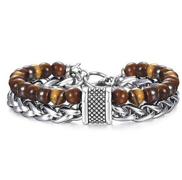

charm bracelets men natural tiger eyes stone beaded bracelet for stainless steel wheat link chain, Golden;silver