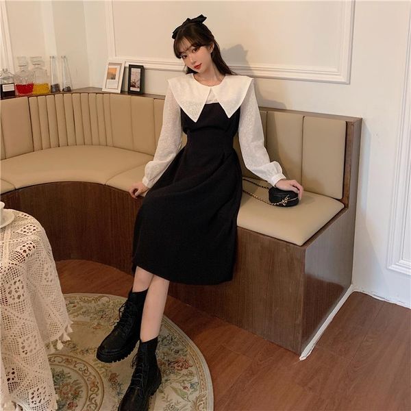 

casual dresses nus area b ~ false two thin doll in long dress of french black skirt, Black;gray