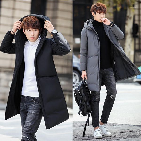 

men's down & parkas winter mid-length black grey duck jackets solid color casual hoody collar jacket autumn zipper overcoat