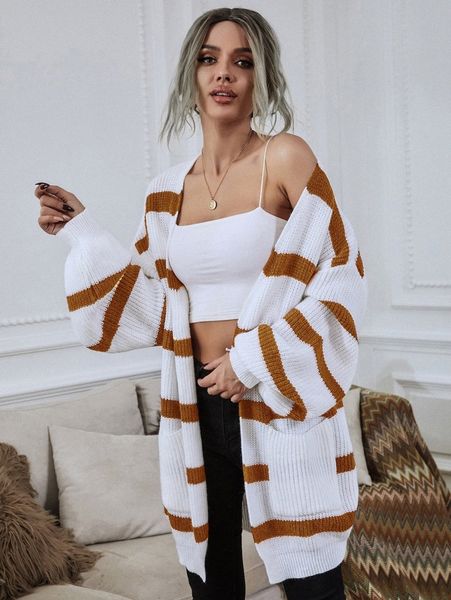 

lantern sleeve patch pocket striped cardigan q7p7#, White