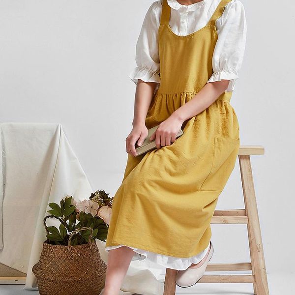 

aprons nordic high waist solid color literary apron household washed cotton cooking korean kitchen florist overalls