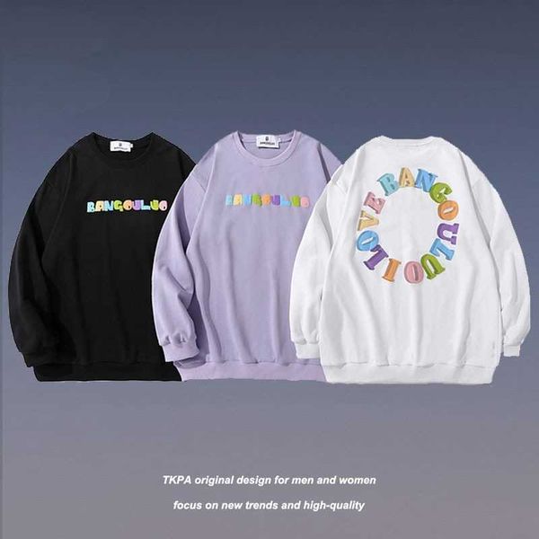 

hoodiestkpa harajuku love printed round neck sweater men's fashion brand loose hip hop couple casual thin pullover, Black